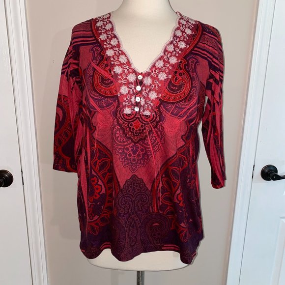 - Energe Boho top PL EUC embroidered LP 3/4 sleeve - Picture 1 of 4